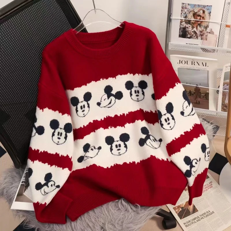 学院风慵懒卡通条纹撞色毛衣女秋冬新款设计感小众情侣款针织上衣