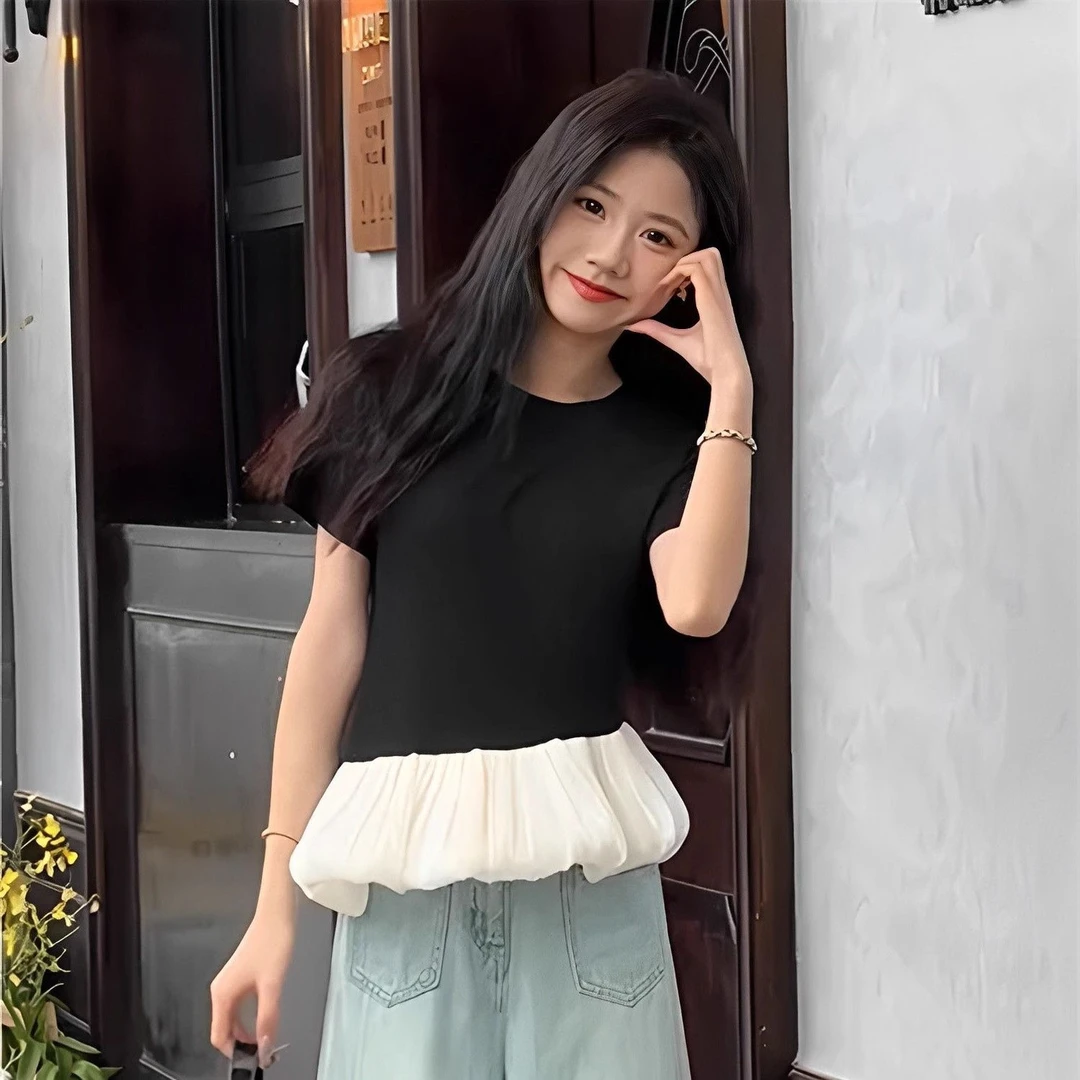 法式荷叶边下摆上衣女2024年夏季新款高级感小众设计正肩短袖T恤