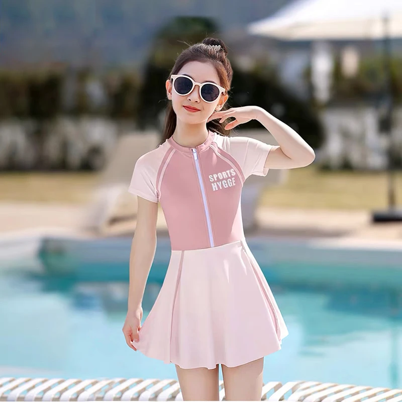 儿童运动泳衣女童连体中大童青少年学生专业训练泳装女孩保守套装