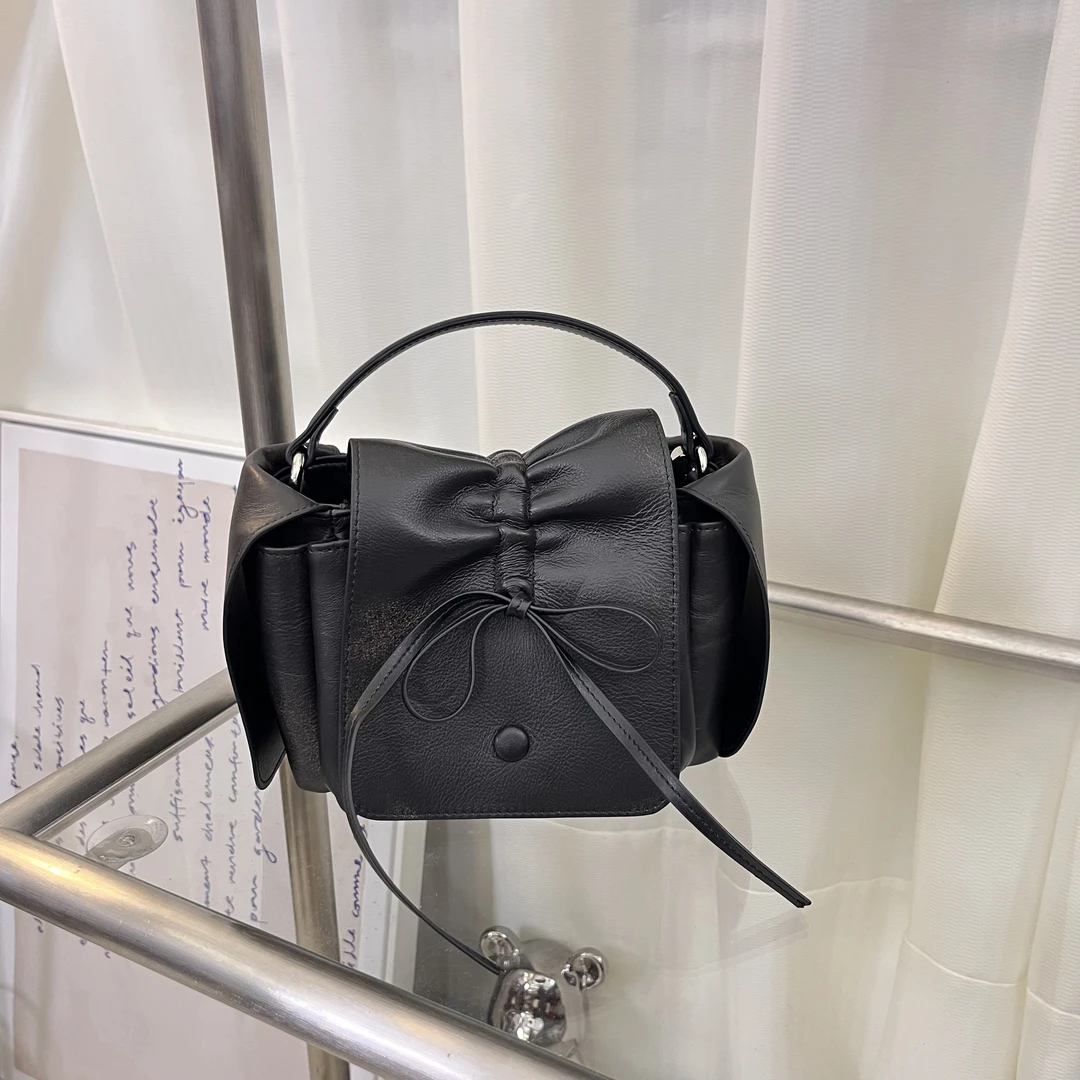 小众设计款擦色头层牛皮蝴蝶结盒子包复古高级感褶皱手提斜挎方包