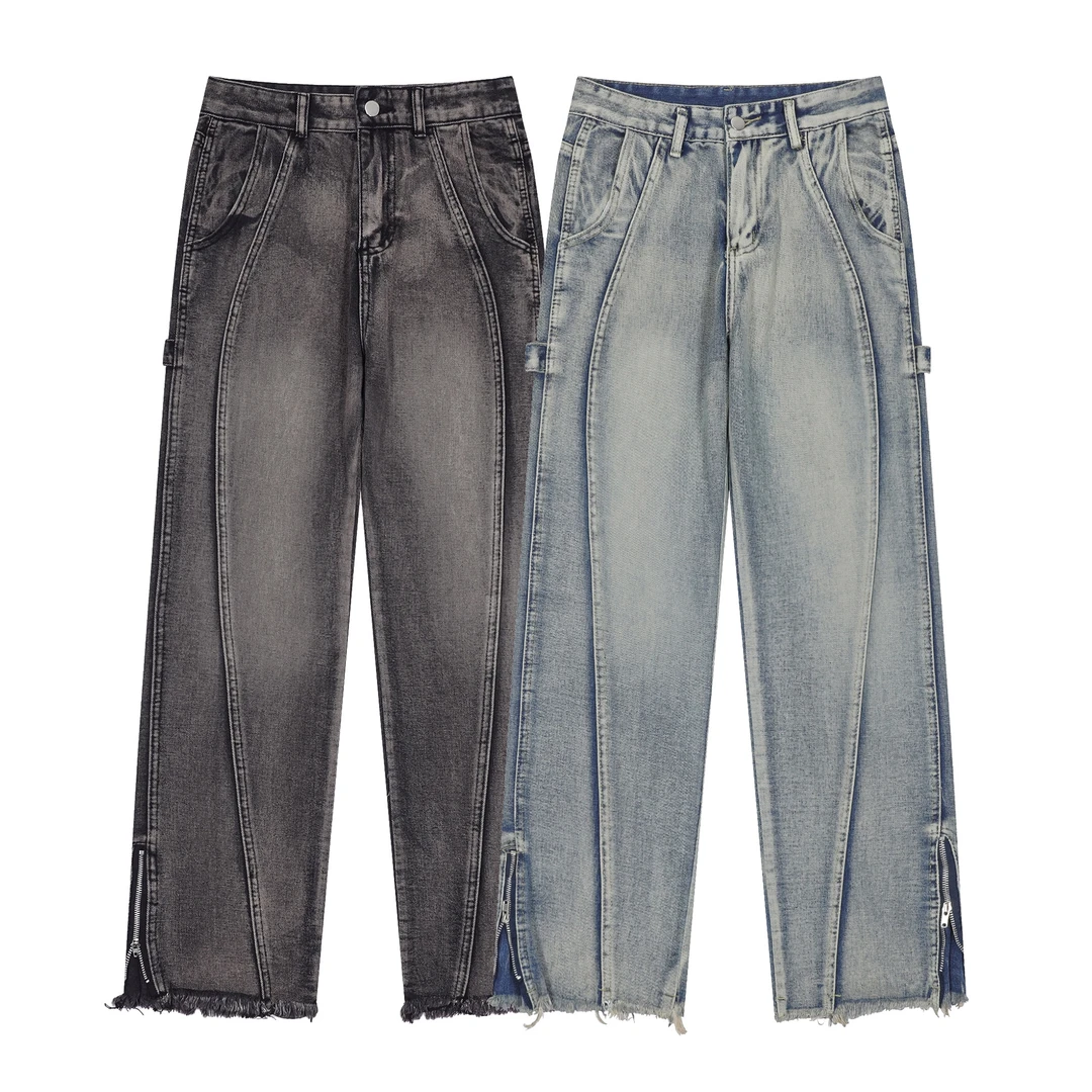 【慌慌】风解构设计感小众牛仔裤男女高街微喇拉链开叉长裤 Y2013