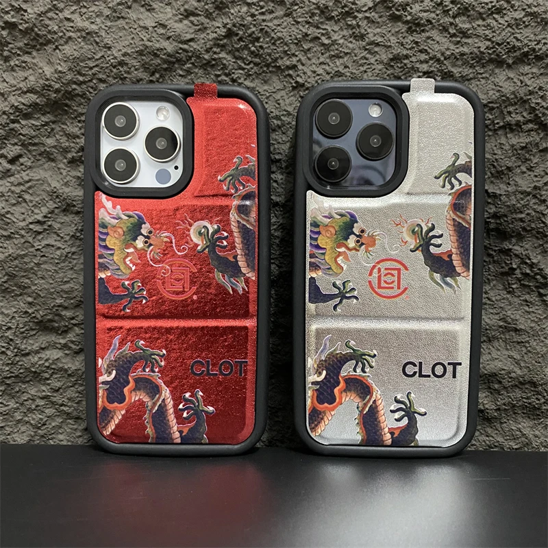 国潮clot丝绸龙苹果15pro手机壳适用iphone14伸缩支架13/12创意11