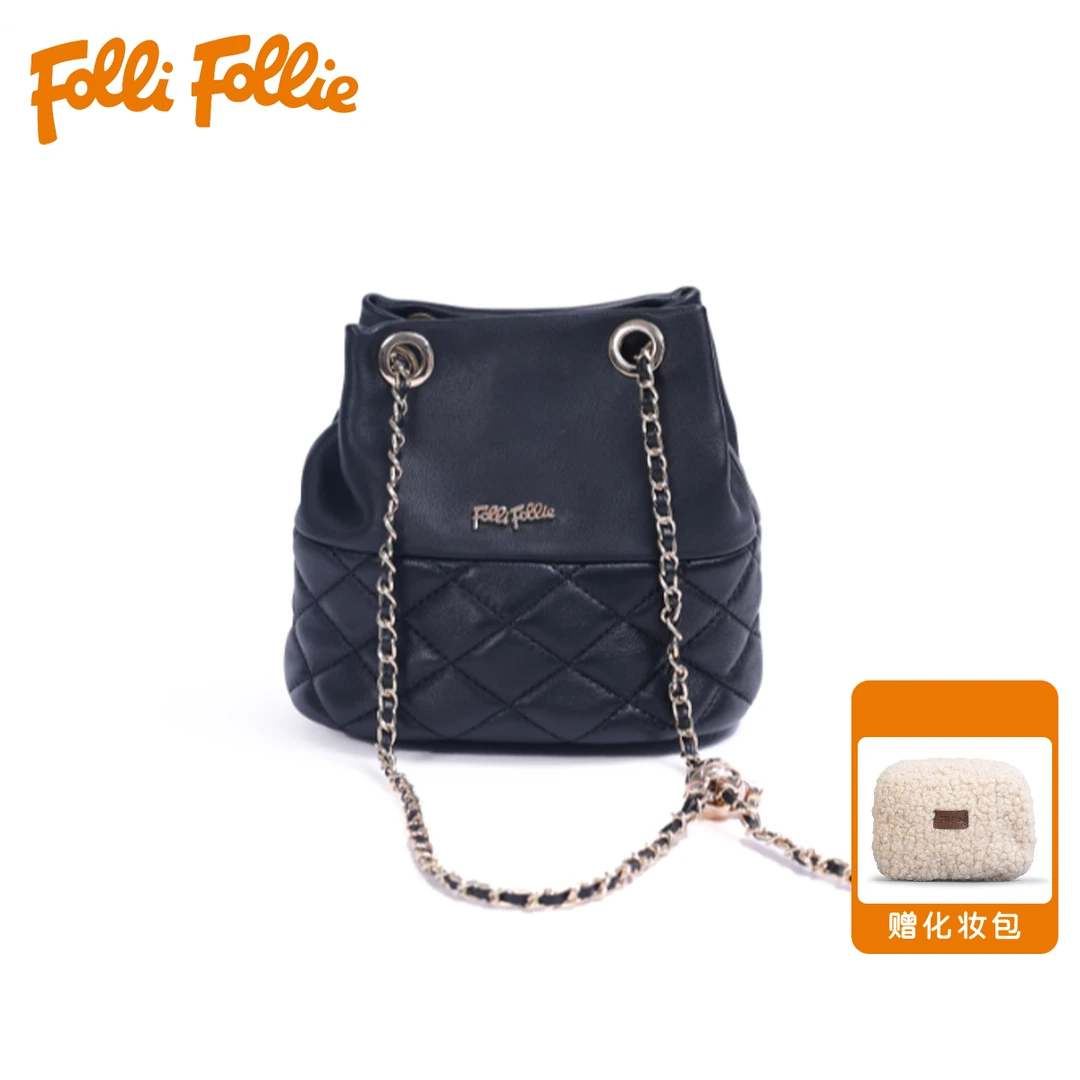 follifollie2024秋冬新款小羊皮水桶包菱格纹单肩包斜挎包轻奢风