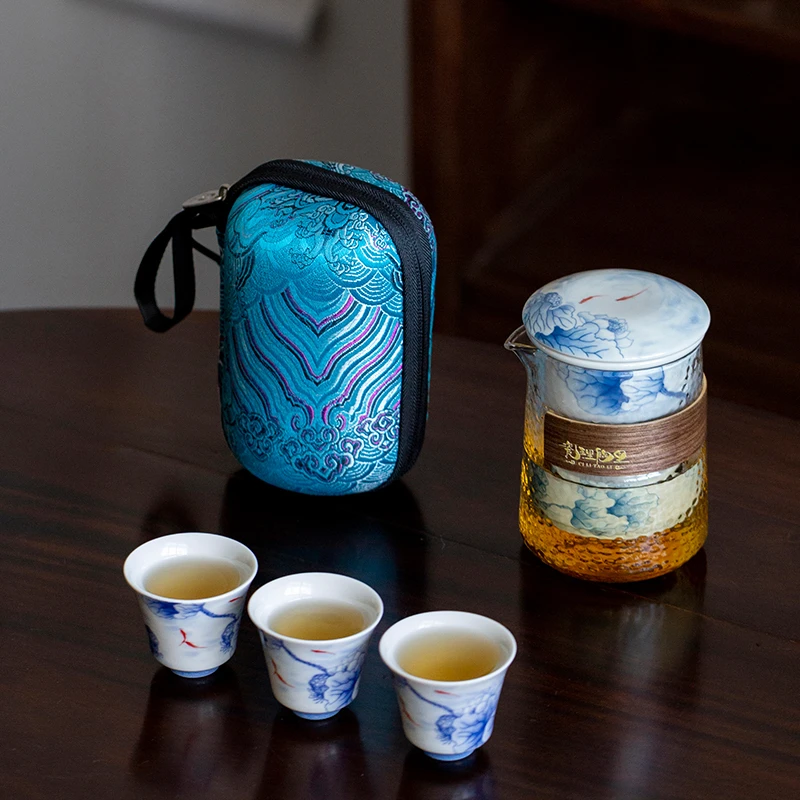 瓷理陶里 仿古青花鱼戏荷莲外出便一壶三杯 携快客旅行茶具-荷趣