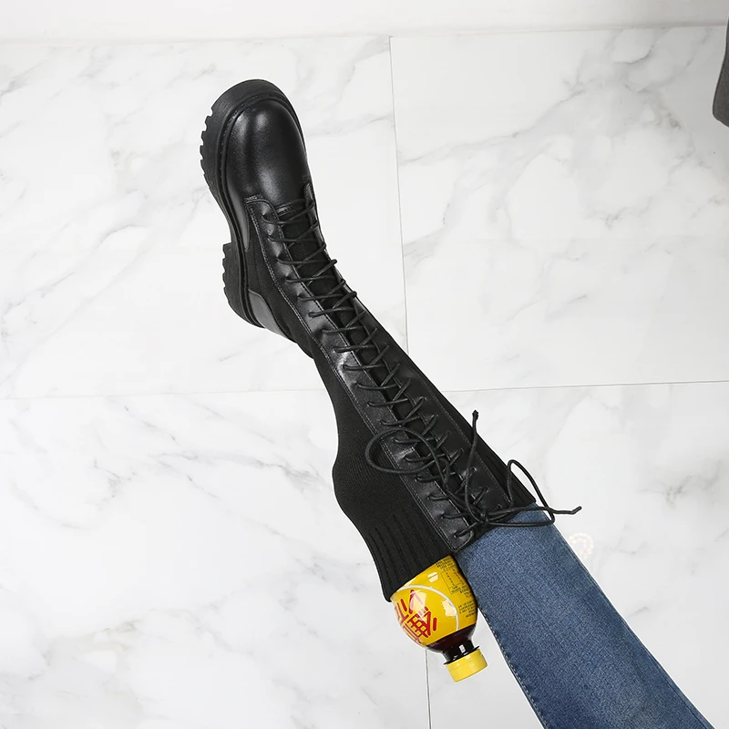 内增高长筒靴女不过膝英伦针织春秋显瘦弹力瘦瘦靴小码女靴313233