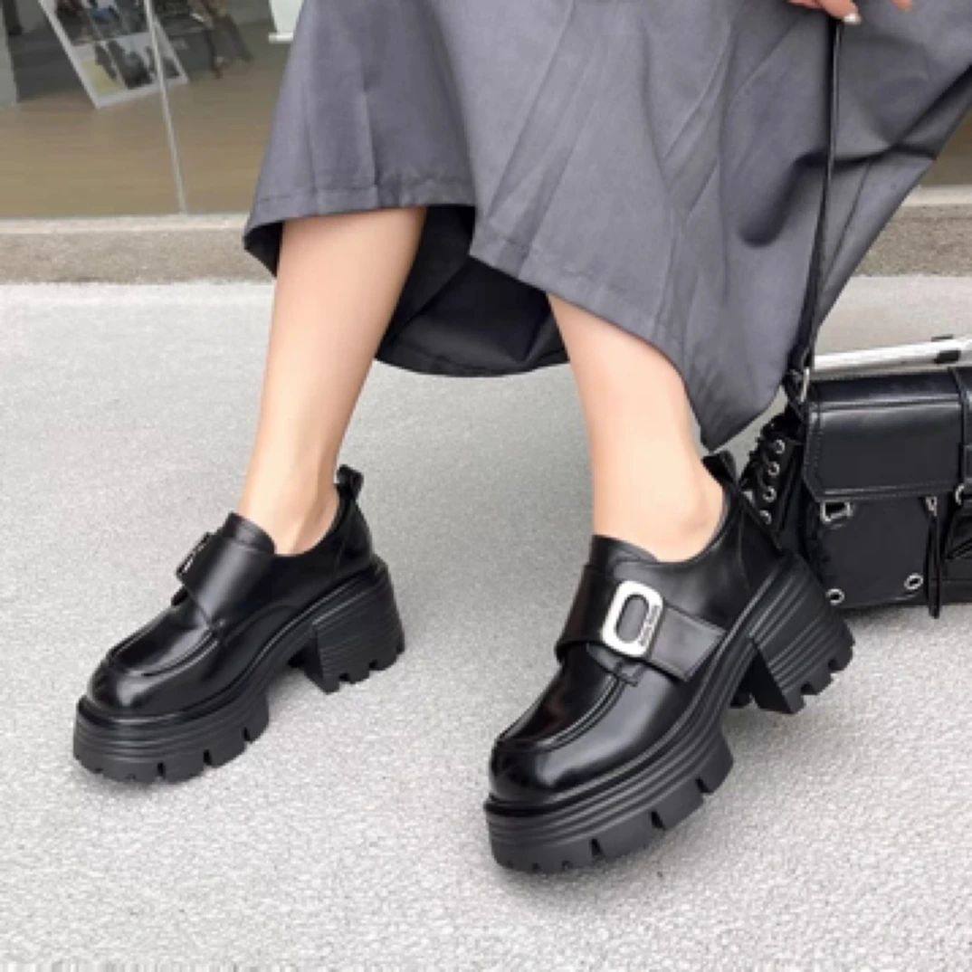 厚底乐福女鞋百搭黑色春季圆头英伦风松糕底小皮鞋3537-1