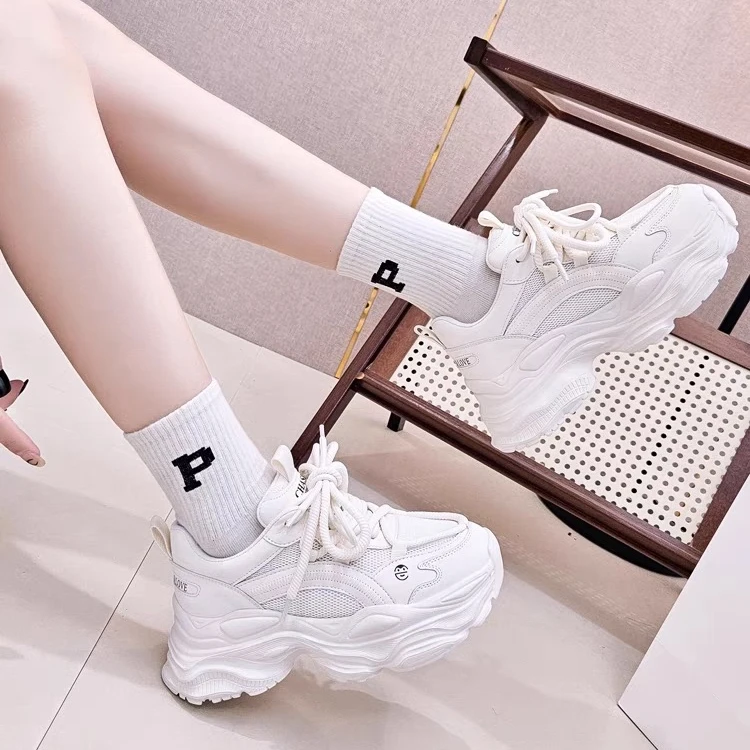 春秋季时尚系带厚底老爹鞋百搭运动休闲鞋轻便透气网面鞋女式2201