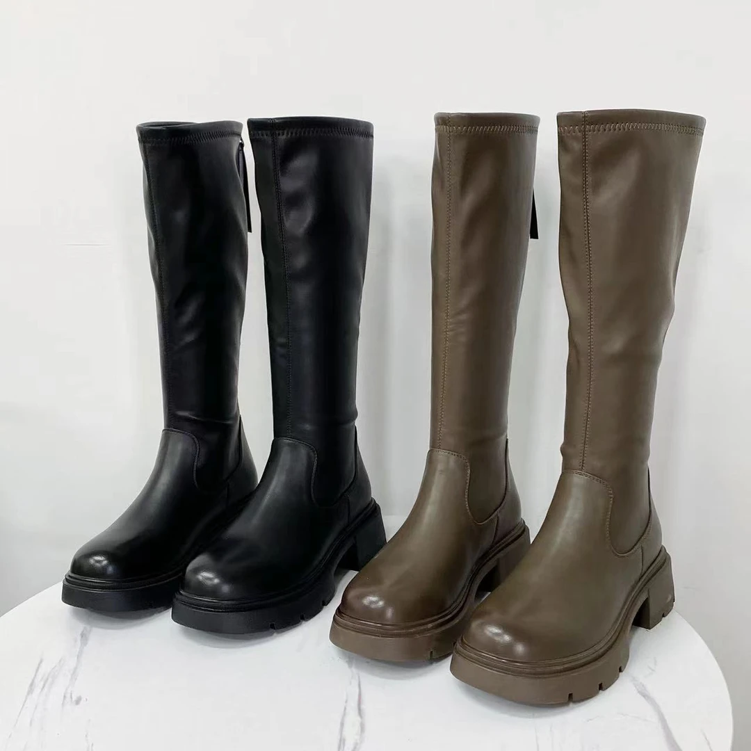 英伦风松糕厚底圆头长筒靴女2024年新款后拉链不过膝骑士长靴6606