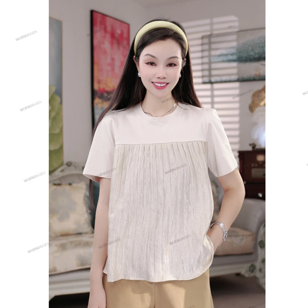 无印心匠圆领+拼接褶皱&显瘦百搭夏季T恤 A05234