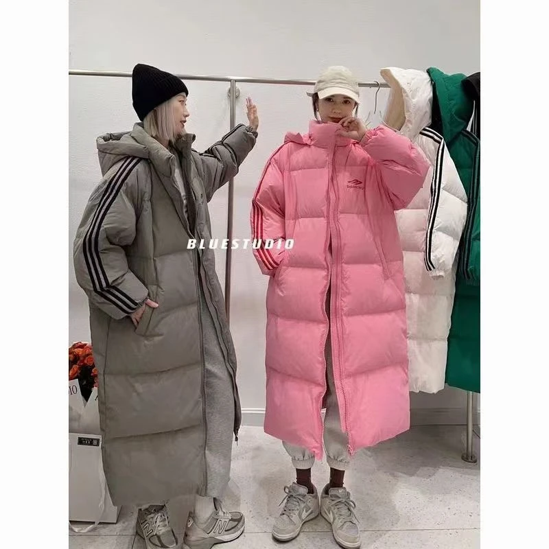 反季三条杠羽绒服女过膝长款加厚韩版宽松大被子保暖白鸭绒冬装潮