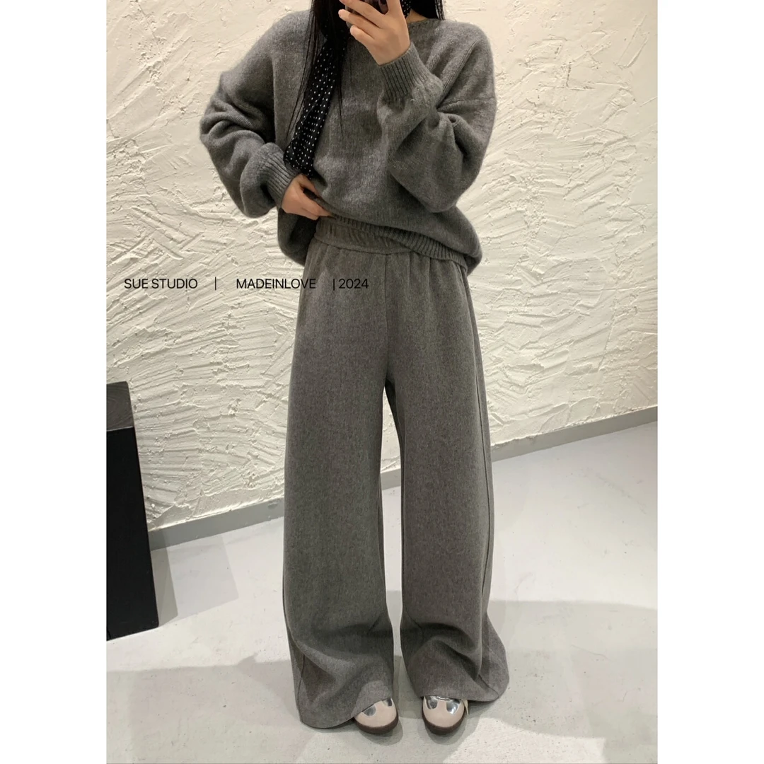 【SUE STUDIO】冬款加厚松紧腰侧口袋阔腿裤休闲裤休闲裤