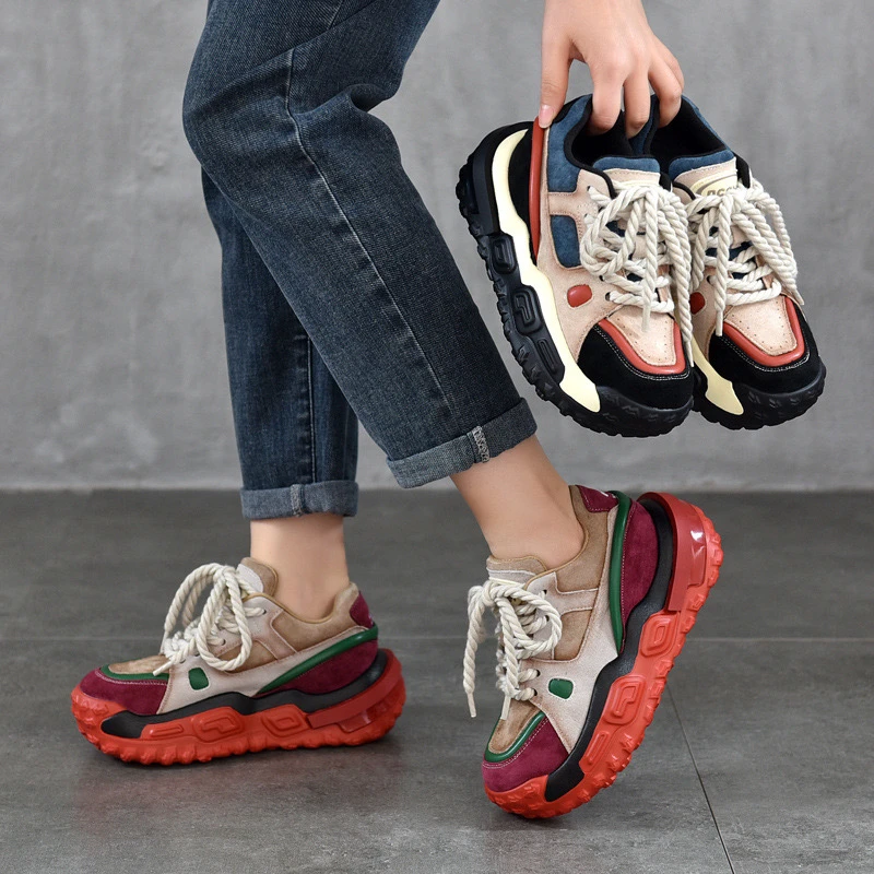 升级款超火老爹鞋女2025四季新款真皮拼色小个子厚底休闲运动单鞋