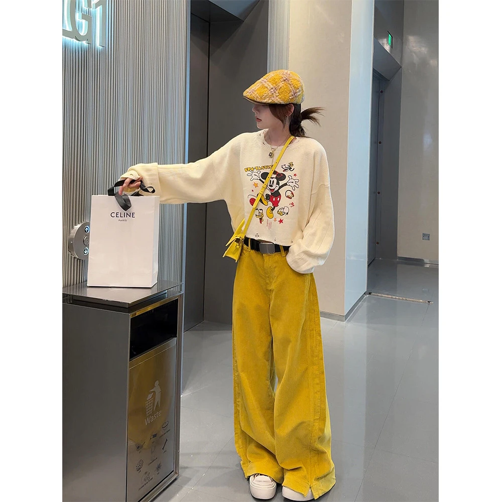 韩系柠檬黄高腰开叉阔腿休闲裤女春秋新款宽松通勤百搭直筒长裤子