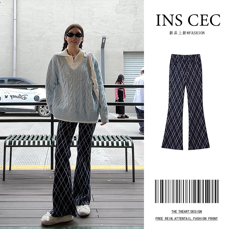 藏青色渔网格纹窄版微喇叭牛仔裤女春秋季高腰显瘦垂感马蹄长裤子