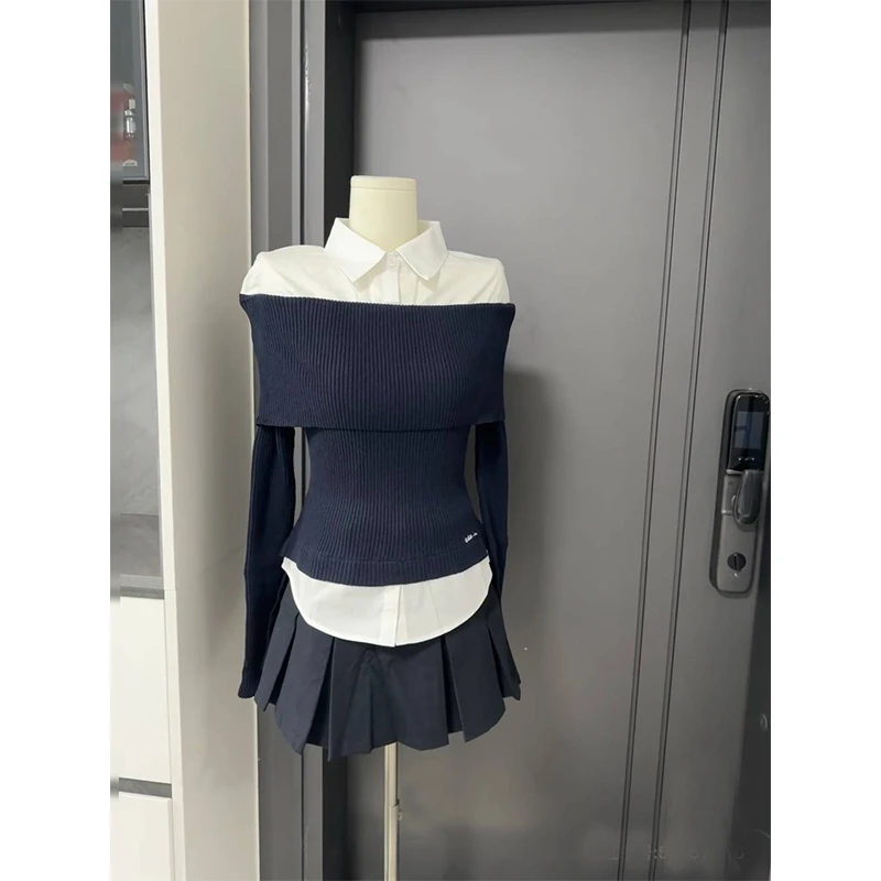 藏青色假两件衬衫拼接一字领针织衫女秋冬冬季高级感软糯修身上衣