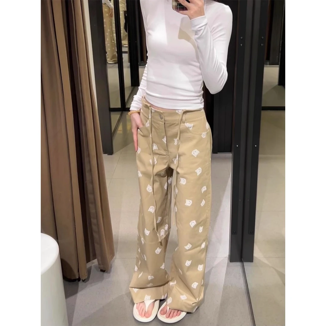 卡其色猫咪印花阔腿牛仔裤女秋冬新款高腰宽松垂感直筒拖地长裤子