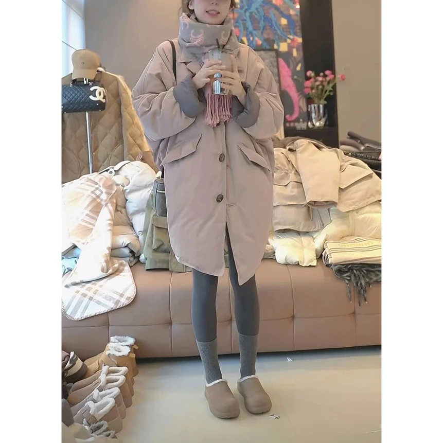 韩版休闲简约慵懒感翻领棉服女2025冬季中长款棉衣高级感宽松外套
