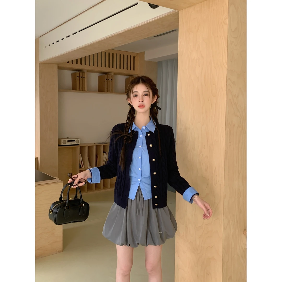 INS CEC秋冬新款三件套女蓝色衬衫上衣麻花纹毛针织开衫毛衣外套