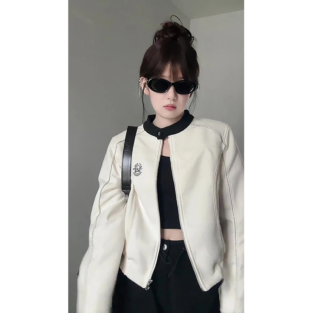 美式街头白色短款棒球服外套女秋季新款修身显瘦休闲磨毛夹克上衣