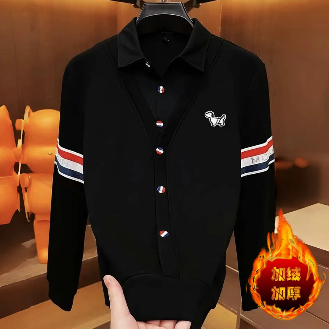 男士纽扣假两件条纹长袖时尚秋冬加绒加厚卫衣百搭商休闲潮流