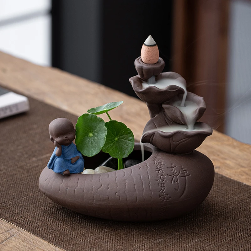 宇轩茶宠紫砂荷塘静思小沙弥倒流香炉熏香家用茶艺香道小和尚摆件