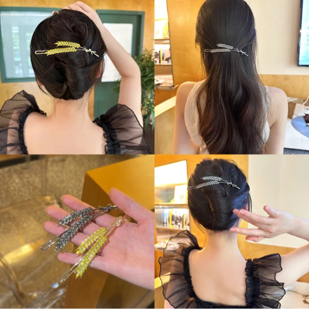 2023新款高级感金属麦穗发夹青蛙扣后脑勺盘发一字夹简约古风发夹
