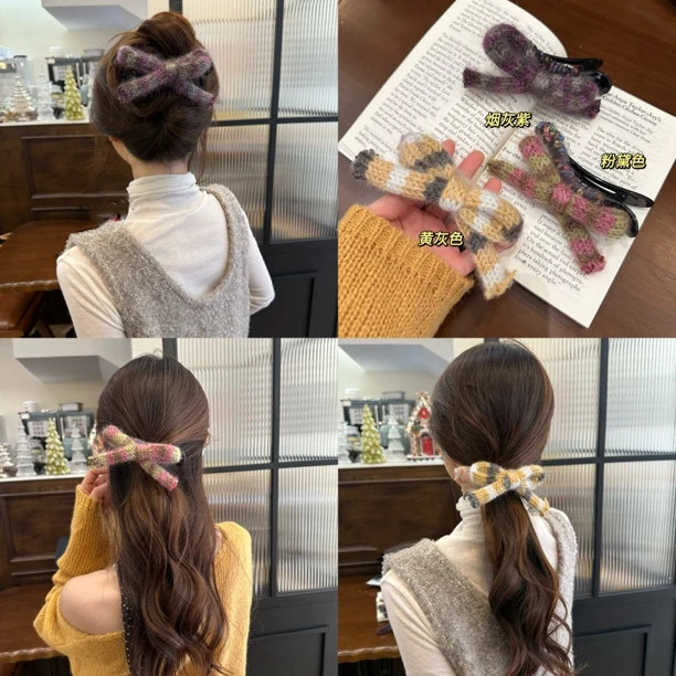 温柔陷阱~秋冬毛线蝴蝶结抓夹女2024新款发夹后脑勺盘发鸭嘴夹子