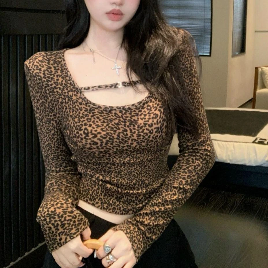 美式辣妹豹纹u领长袖垫肩T恤女秋冬季收腰显身材磨毛打底衫短上衣