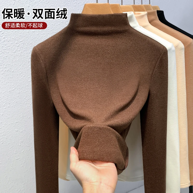 双面德绒打底衫女秋冬季2025新款加绒保暖内搭女士咖色半高领上衣