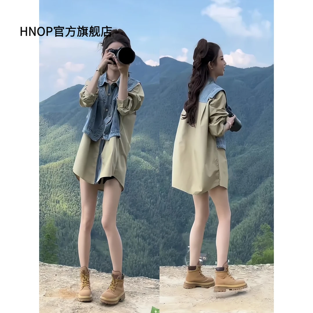 韩版时尚复古气质牛仔马甲拼接假两件衬衫女秋季中长款衬衣外套潮