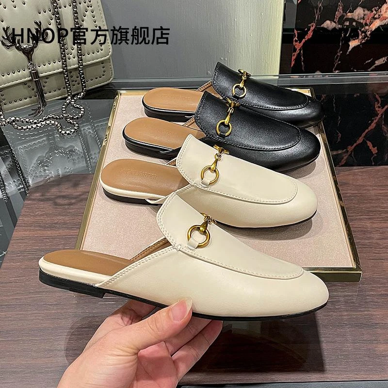 包头拖鞋女夏外穿2025新款凉鞋马衔扣真皮时尚懒人半拖平底穆勒鞋