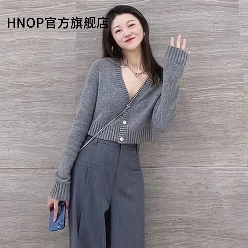 休闲复古灰色v领长袖针织开衫秋季新款外搭洋气小个子短款上衣女
