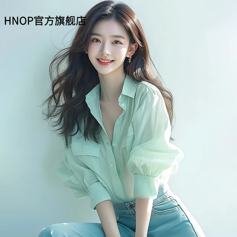 绿色泡泡袖半袖衬衫衬衣女早春季2025年新款冷淡系高级感减龄上衣