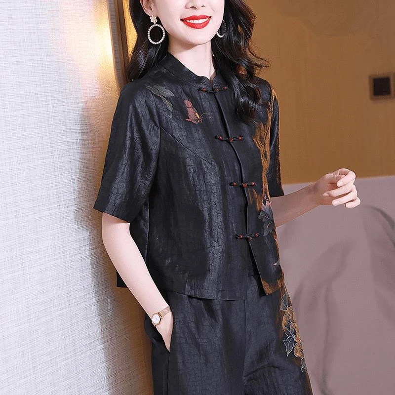 香云纱冰丝套装女2025新款夏秋季时尚气质复古盘扣国风上衣两件套