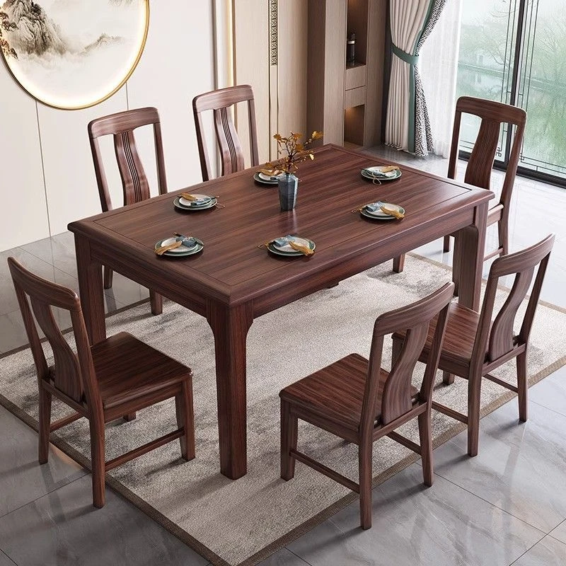 新中式乌金木全实木餐桌椅组合家用小户型长方形岩板饭桌大板茶桌