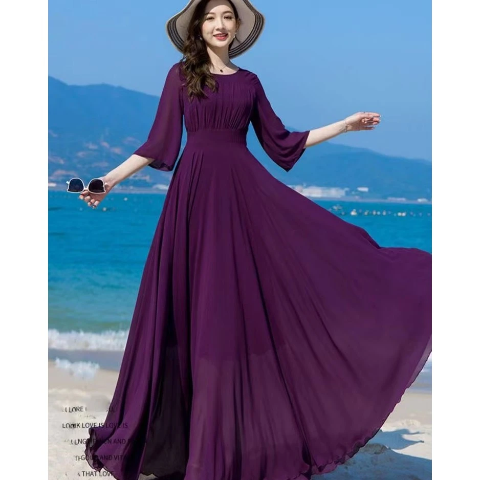 『衣美仙』夏季新款七分袖大摆连衣裙气质修身显瘦大摆长裙女纯色