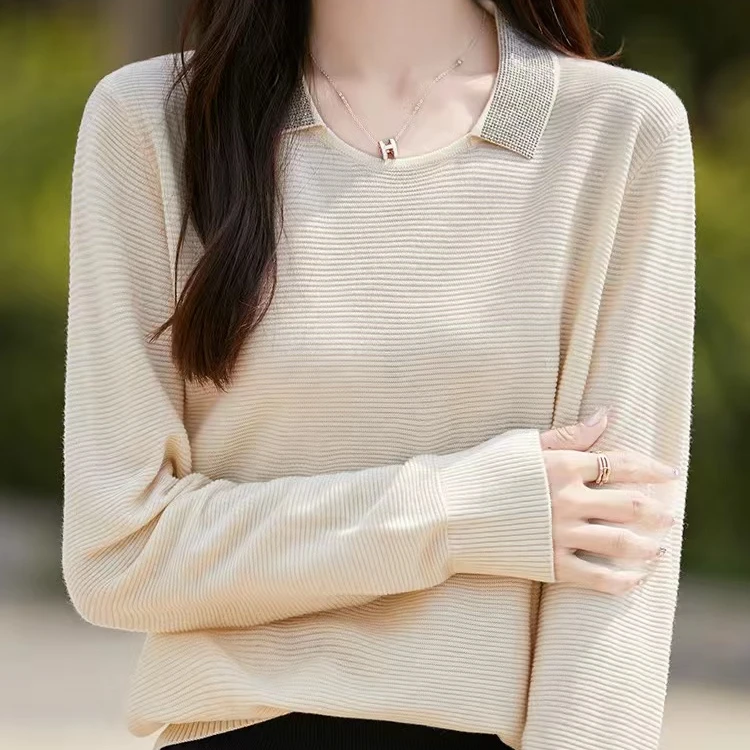 春秋法式复古镶钻显瘦翻领精纺时尚羊毛针织衫