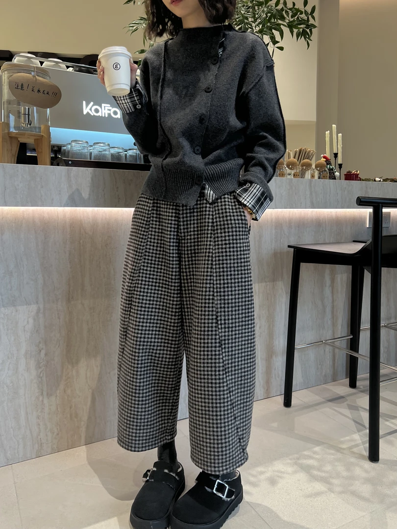 现现【薇薇绮】加绒格子阔腿九分裤冬季新款高腰显腿长2024款 W950