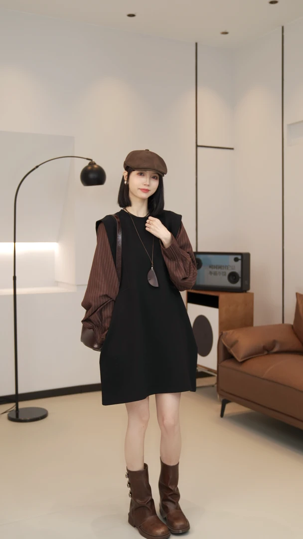 现货新款【薇薇绮】圆领拼接假两件秋季新款设计感假两件连衣裙W590