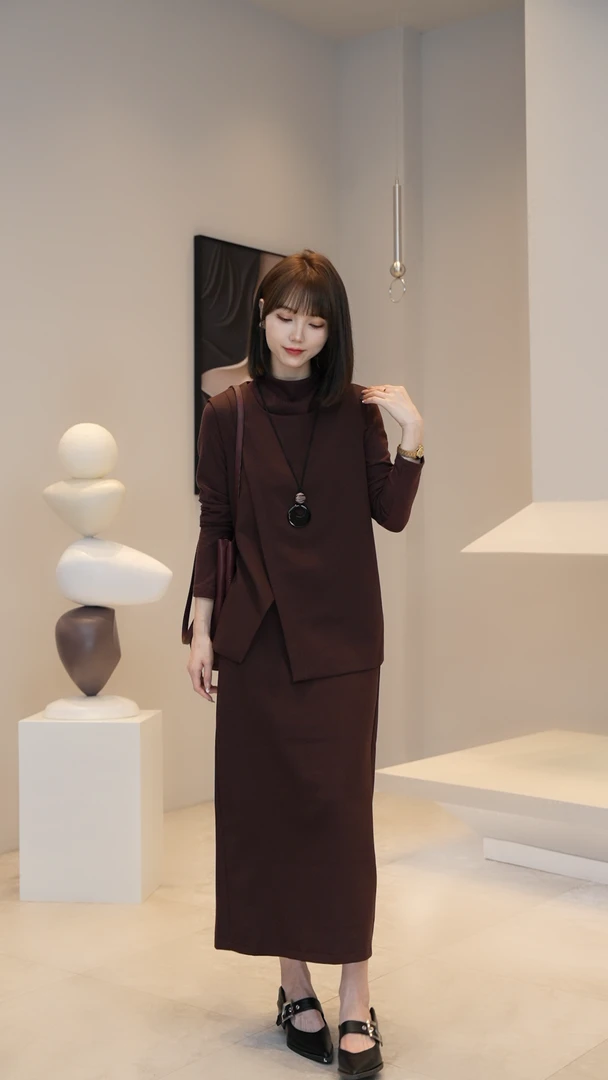 现货【薇薇绮】秋季新款无袖上衣打底衫半身裙高级感气质套装 W472