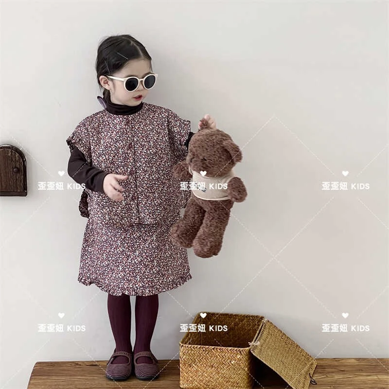 【歪歪妞童装】2467女童宝宝碎花马甲半身裙儿童夹棉套装两件套