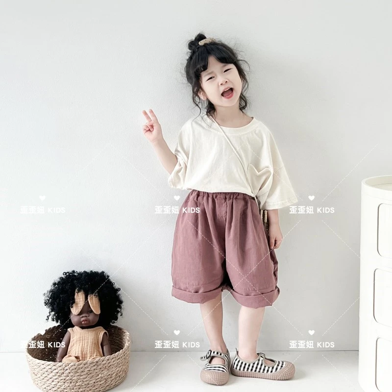 【歪歪妞童装】2405儿童原胚麻本复古极简口袋短袖宽松T恤日系男女