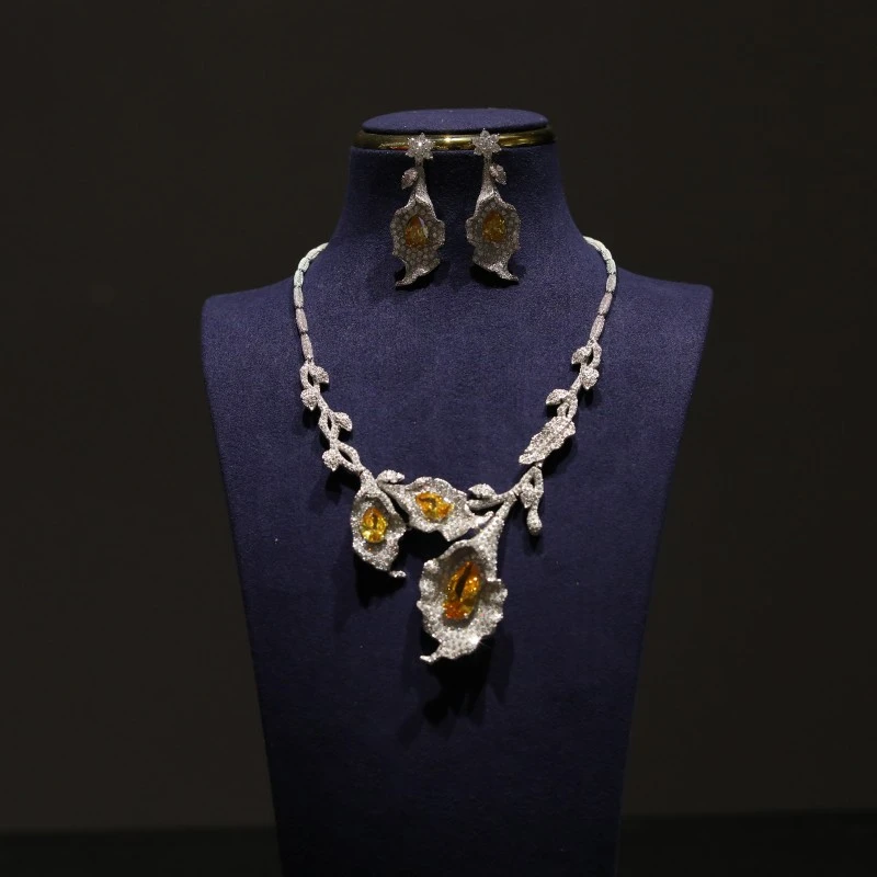 合金合成锆石婚庆饰品 新款银色项链郁金香精致款带配套耳环