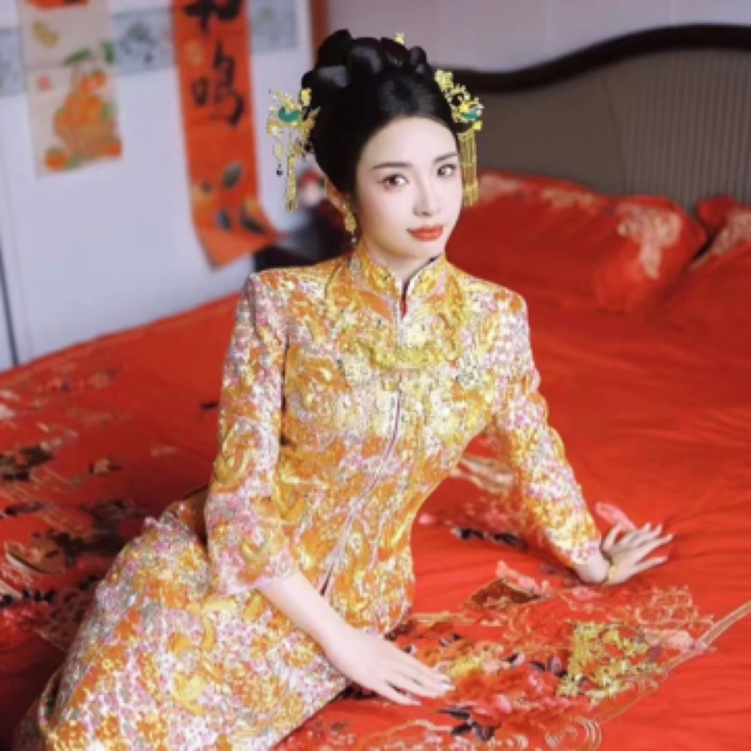 铜合金婚庆饰品 卡帝美学新款 11664 金绿色分体龙凤褂秀禾头饰