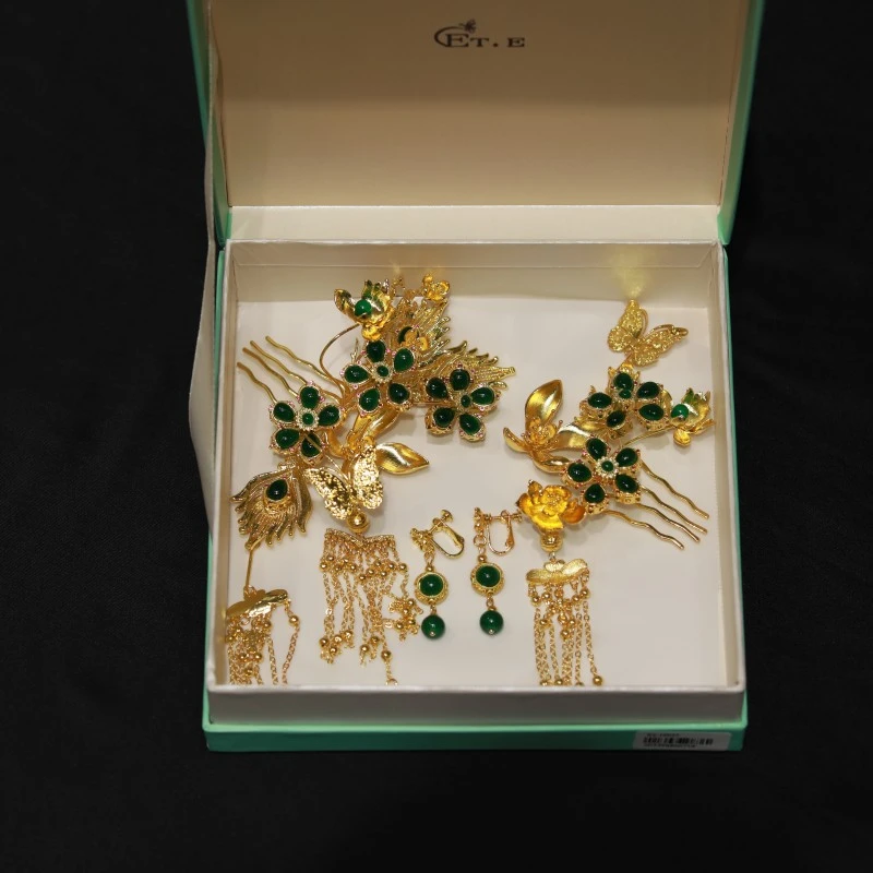 合金仿水晶婚庆饰品 12087新娘中式金色点翠国风