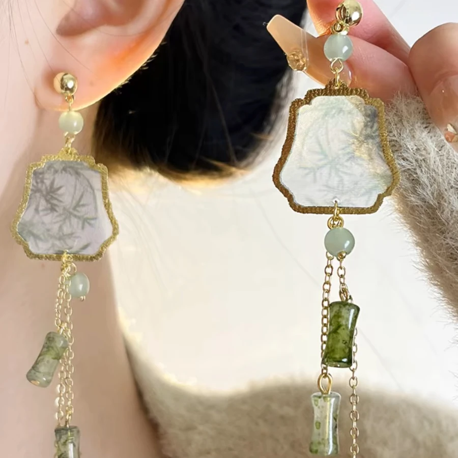 合金亚克力耳饰 卡帝美学新款古风玉竹扇子长款新中式