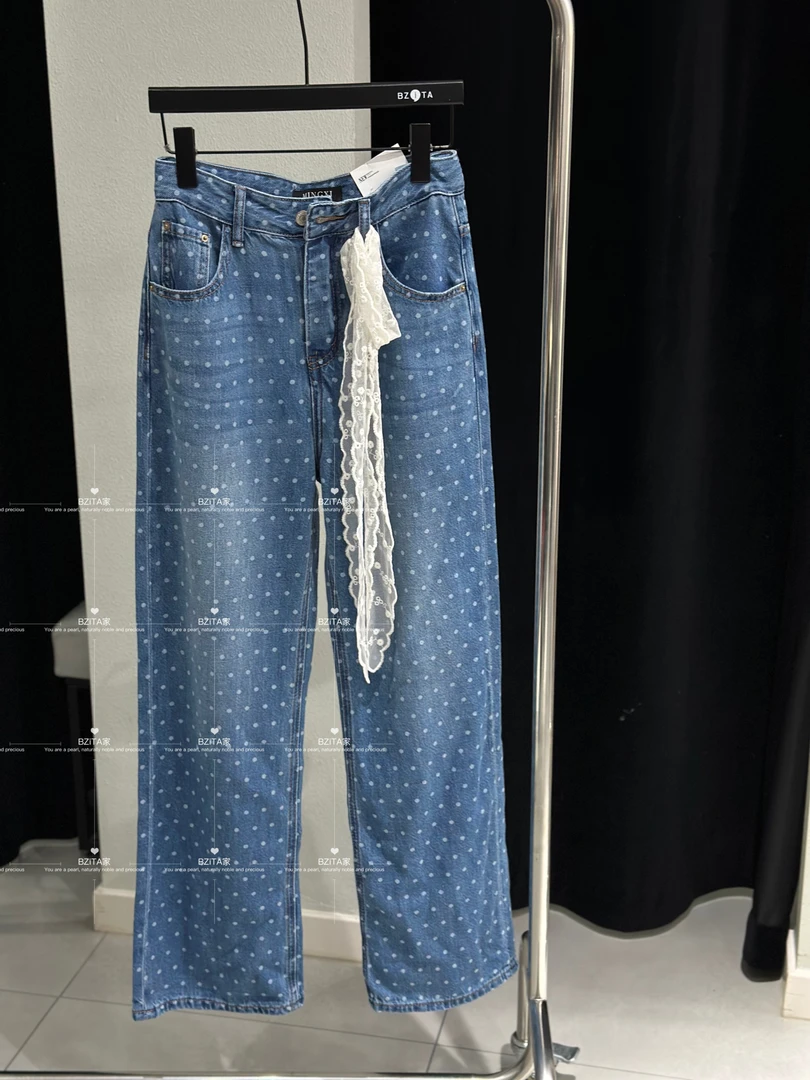 【 雨•美 推荐 】98051圆点设计高腰阔腿牛仔裤