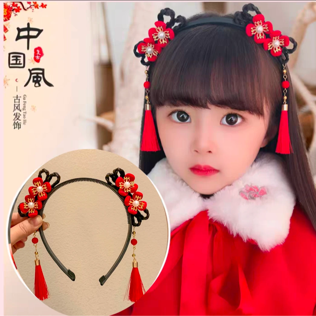 喜庆公主发饰女童发饰女童女孩红色古装古风发夹可爱饰品头花儿童