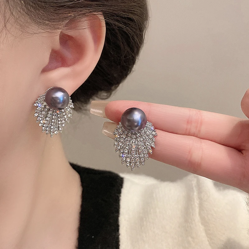 铜合金亚克力耳饰 微镶锆石树叶烟灰色珠珠耳环女时尚轻奢耳坠