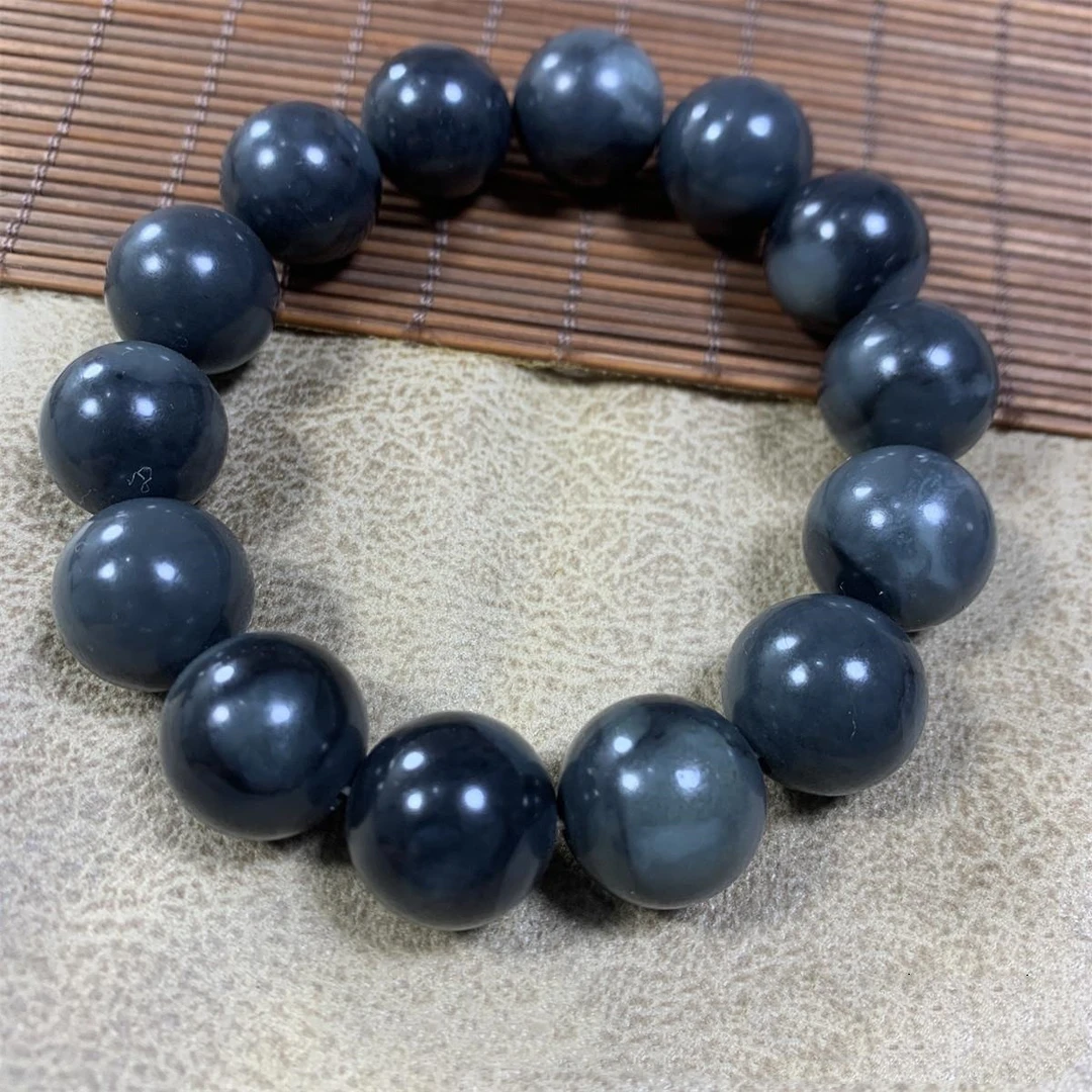 新疆和田玉籽墨玉青花圆珠手串男女时尚黑色手链聚墨自带意境保真